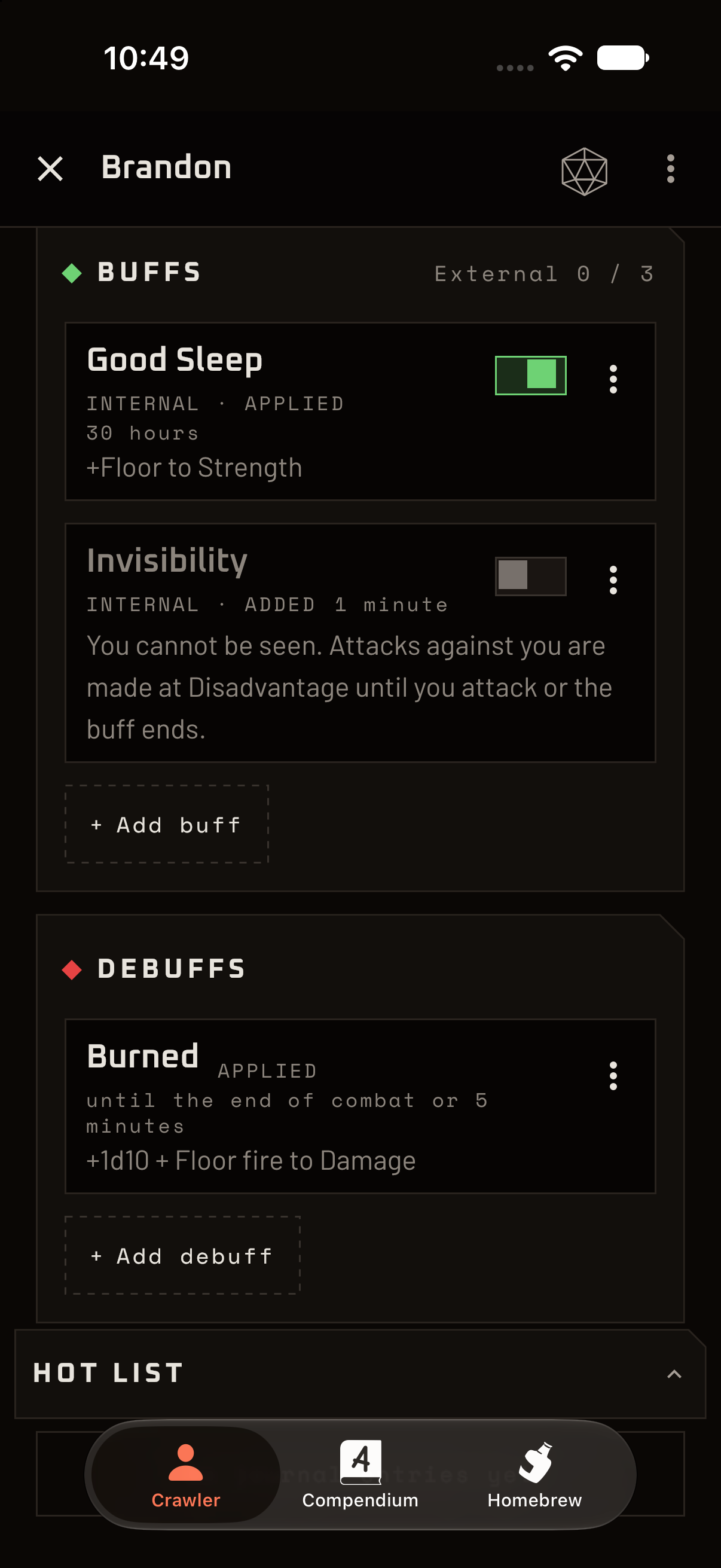 The Buffs and Debuffs section showing active buffs, a debuff with a countdown and a cooldown.