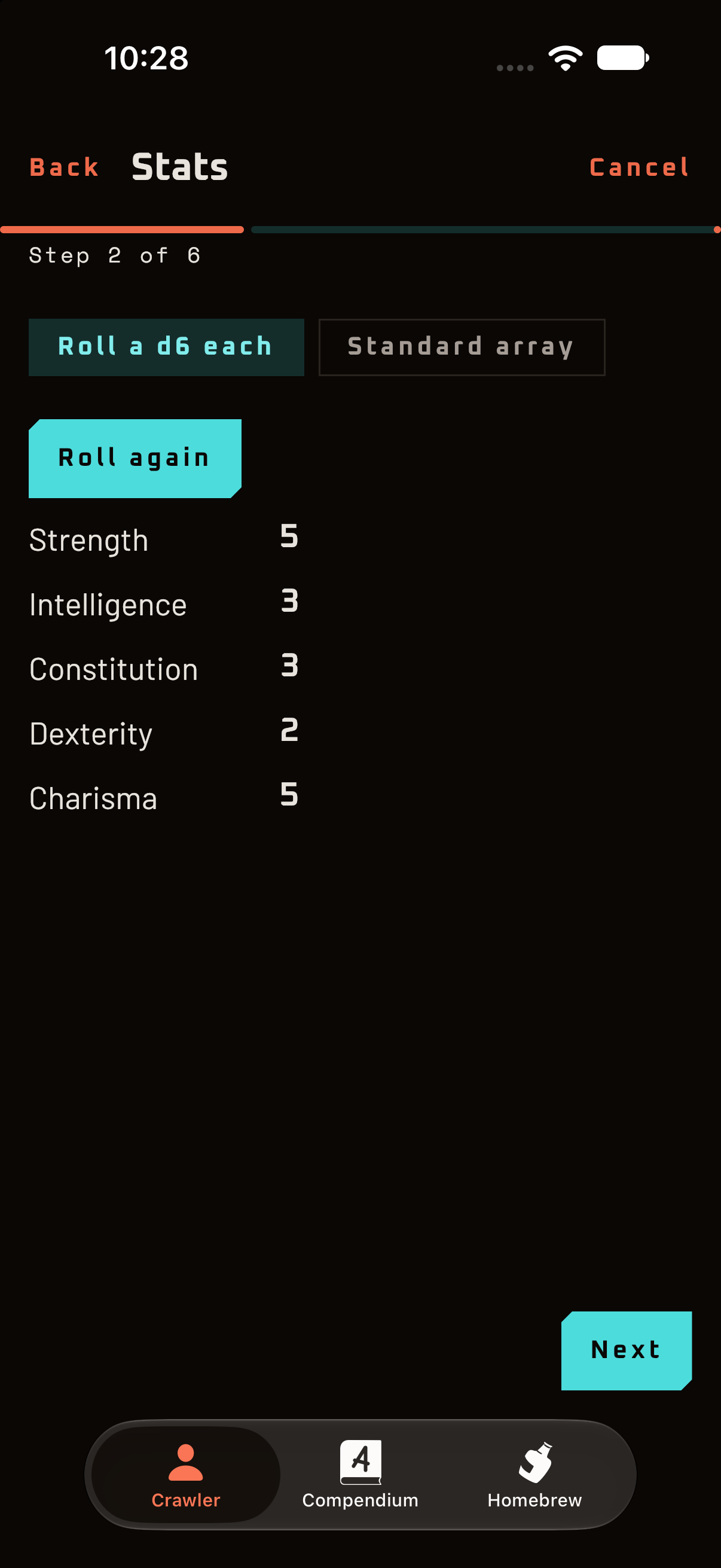 A step in the guided character builder, partway through assigning stats.