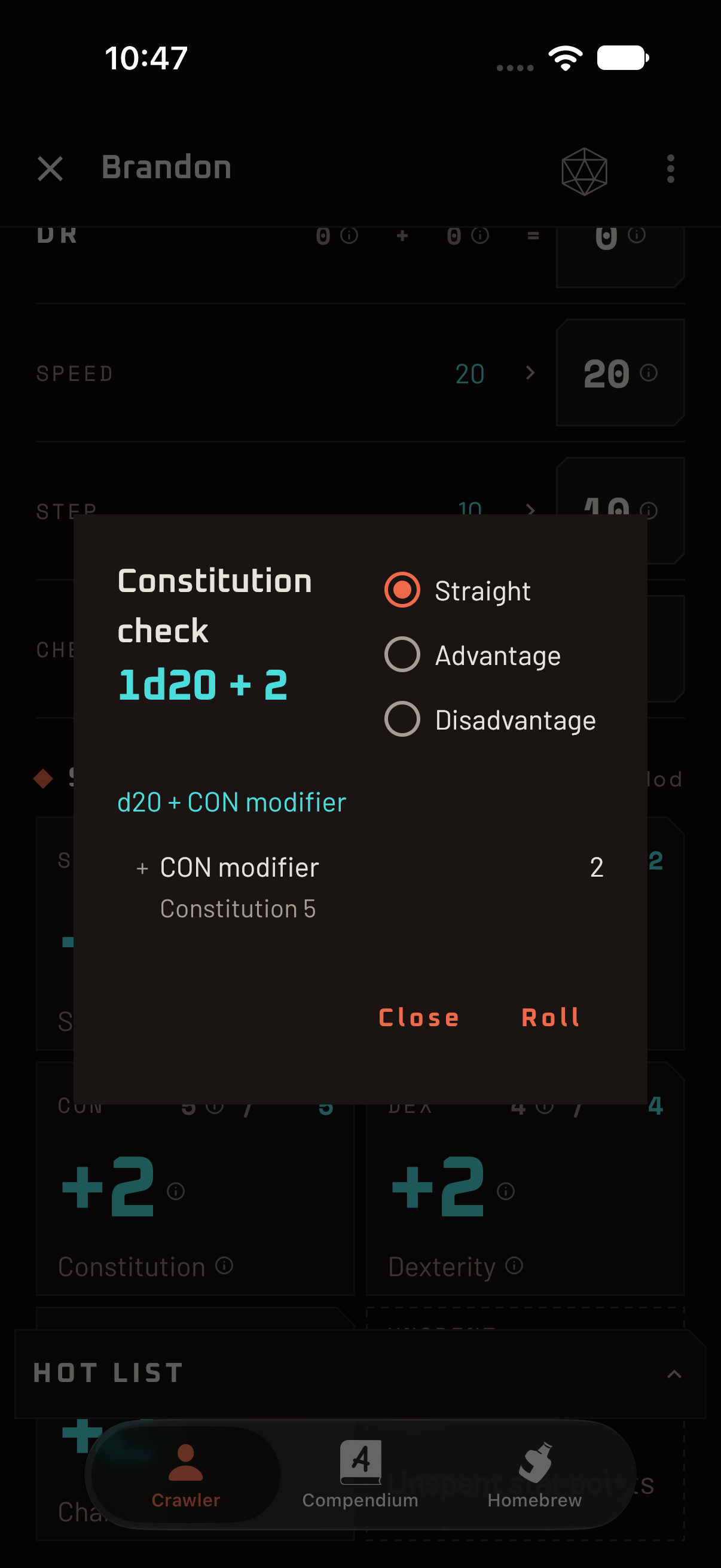 A dialog explaining a Strength check as one d20 plus the Strength modifier.