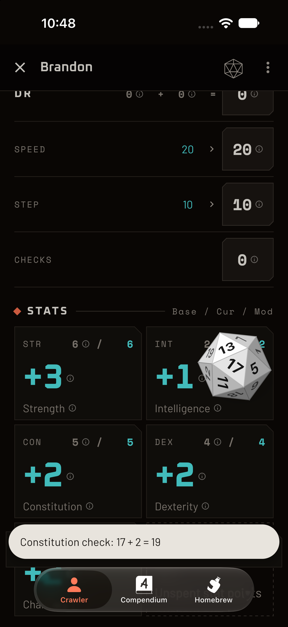 Dice mid-tumble over the character sheet.