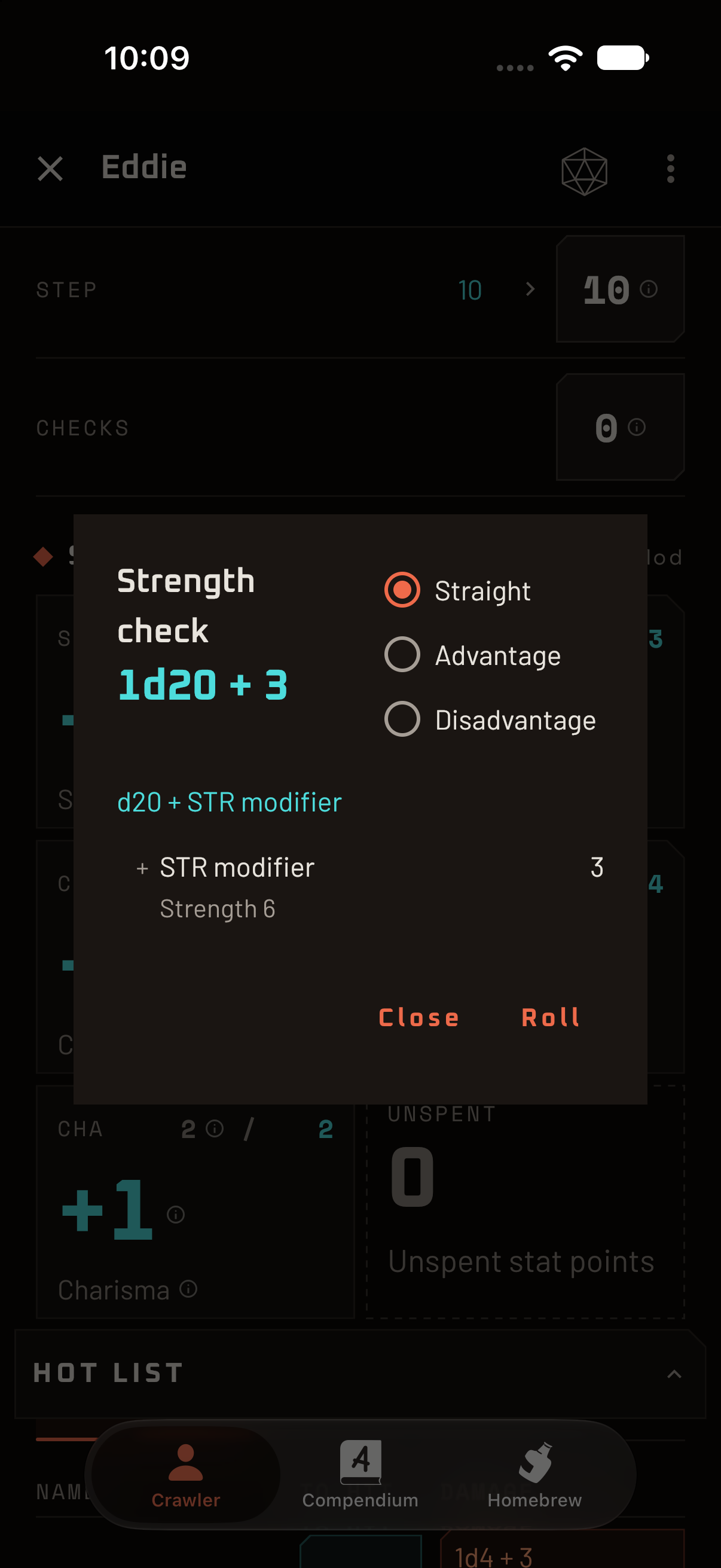 The Strength check dialog showing 1d20 + 3 with Straight, Advantage and Disadvantage.