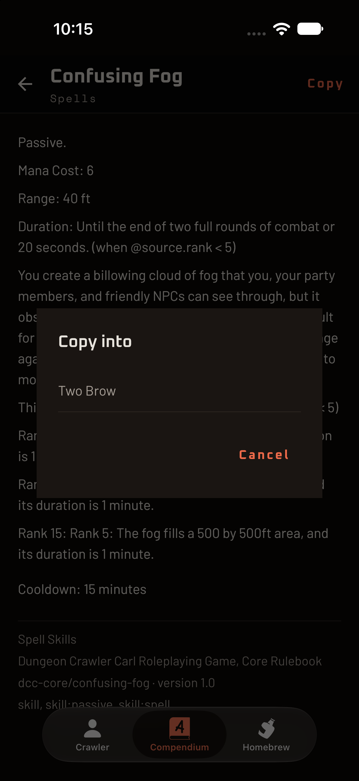 A Compendium entry with the Copy button.