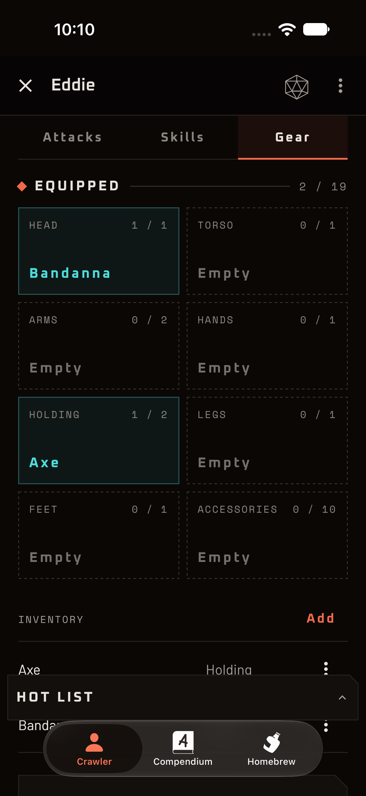The Gear tab with equipped slots and the inventory list.