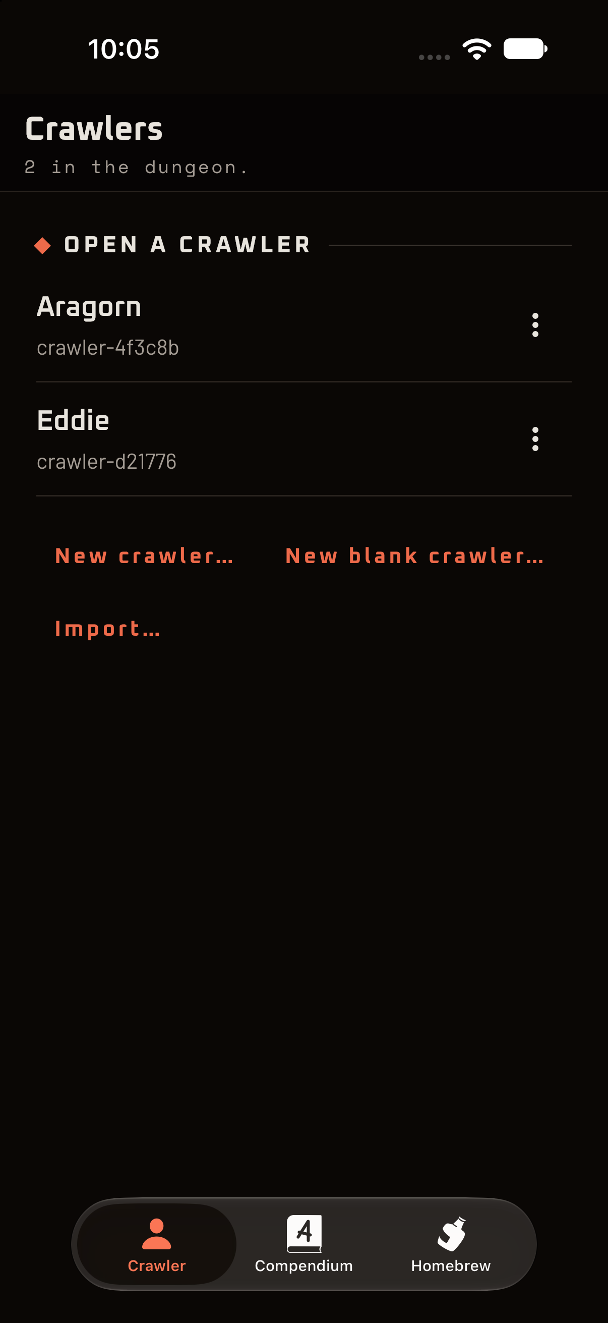 The three tabs of the app: Crawler, Compendium and Homebrew.