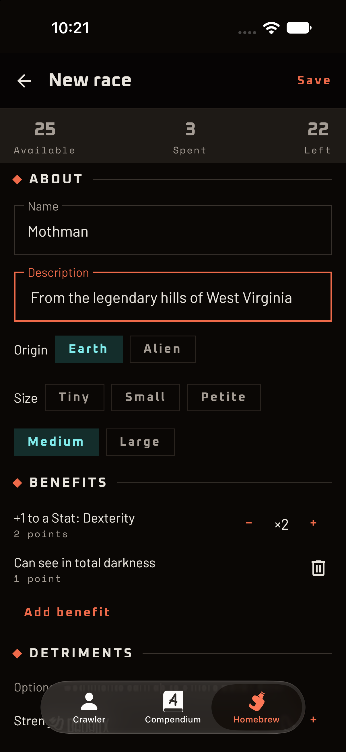 The race builder showing Build Points.