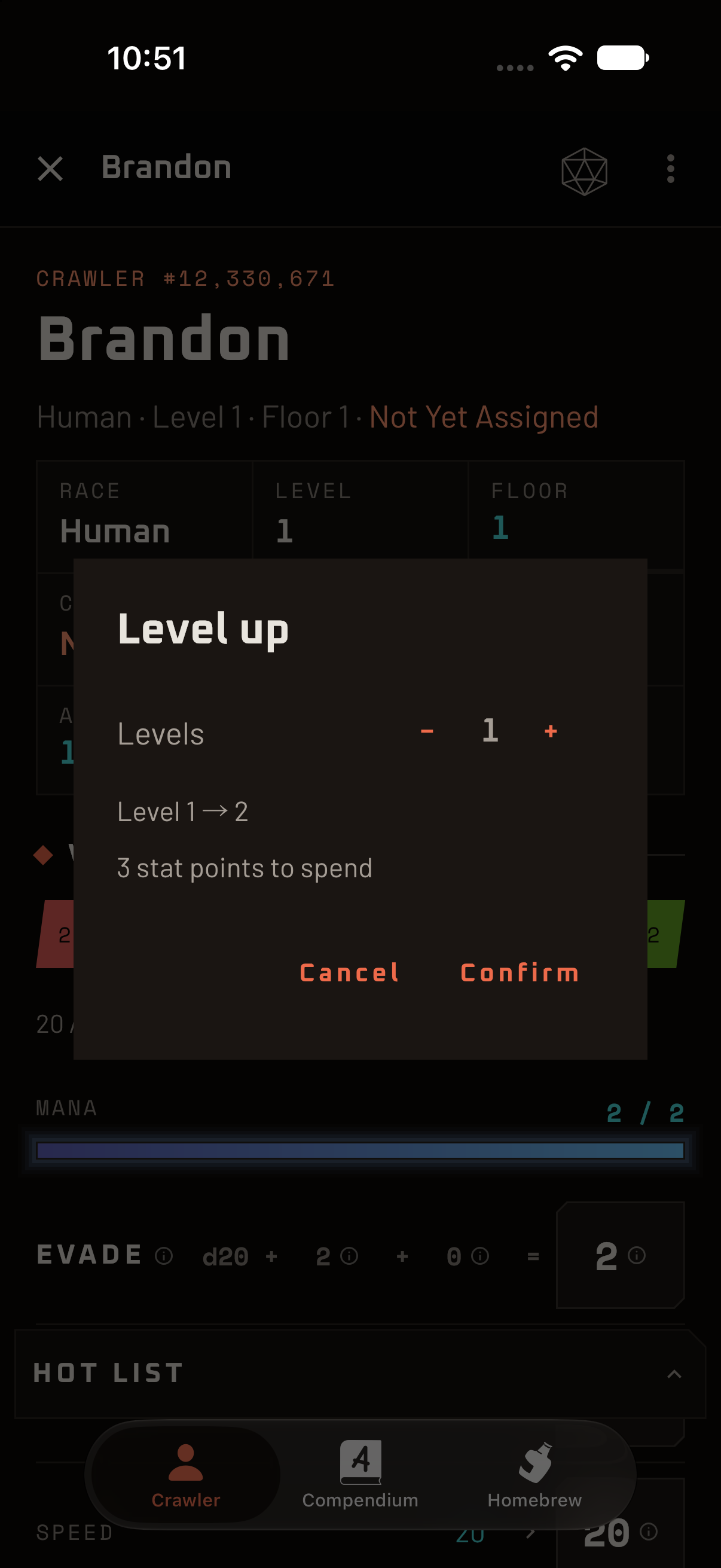 The level-up dialog showing how many stat points are available to spend.