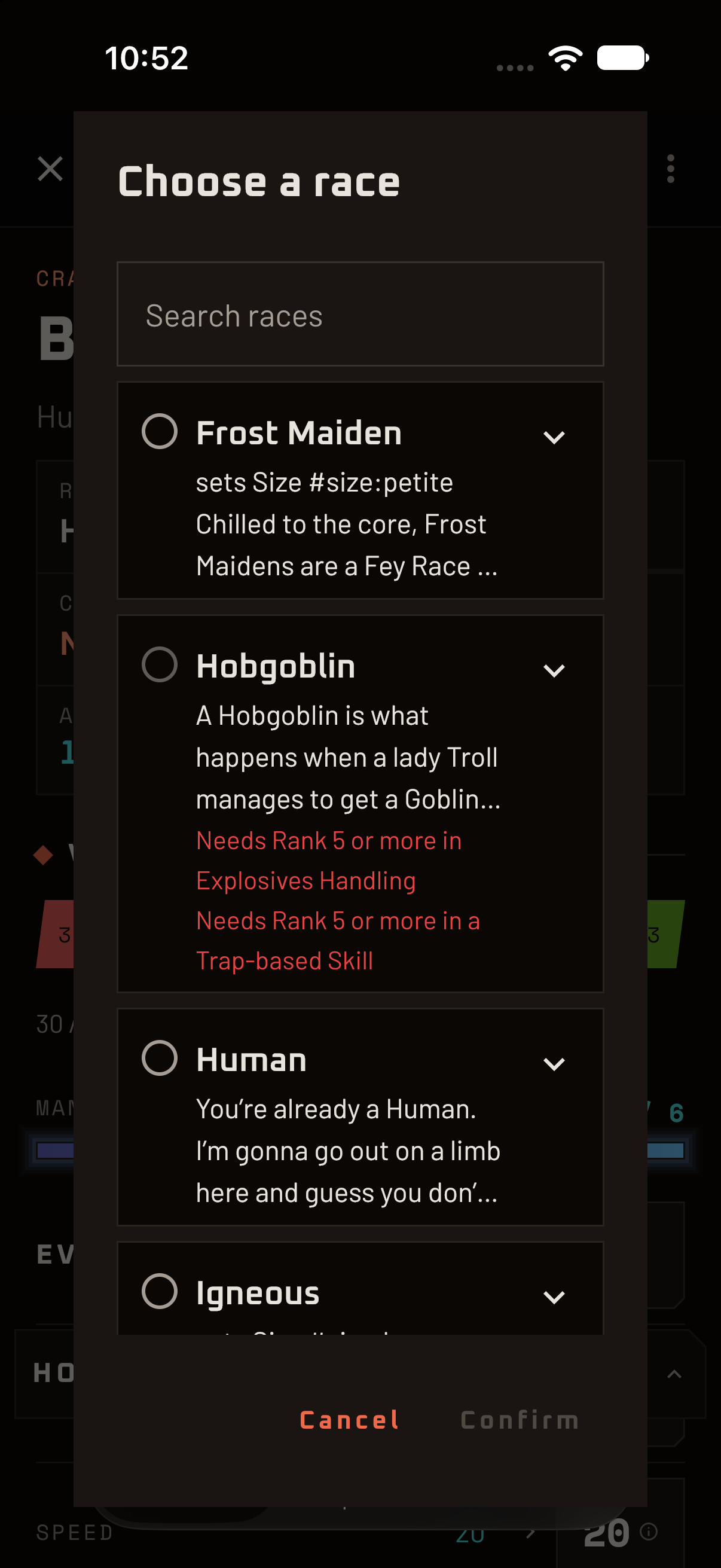 The race picker listing races with a summary of what each one gives.