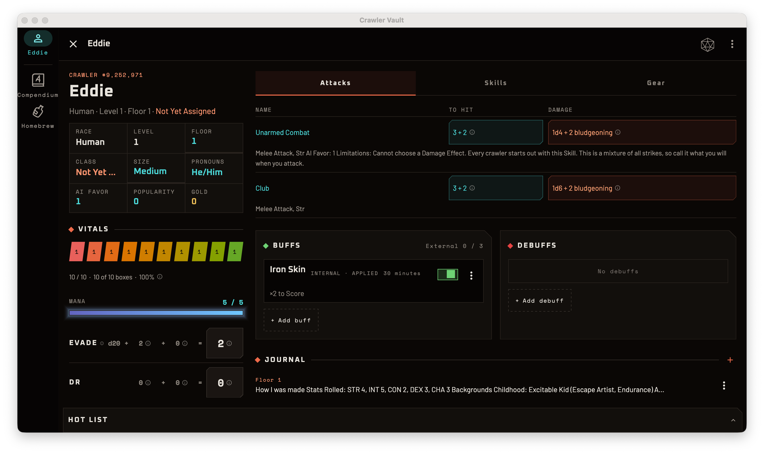 The full character sheet on a tablet, with stats, skills, gear and buffs visible together.
